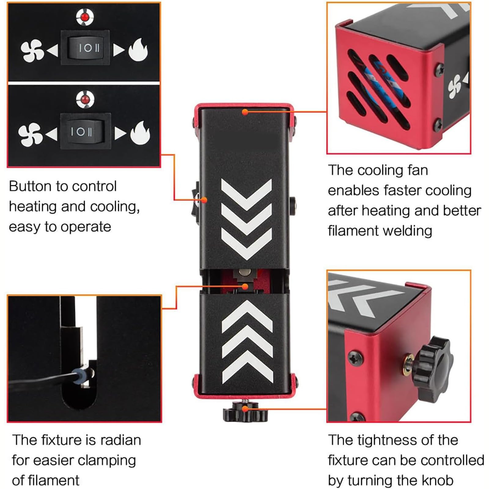 Conector de filamento para impresora 3D, herramienta de unión de soldadura eficiente con 100 tubos de teflón, calentamiento rápido y enfriamiento integrado, tensión de abrazadera ajustable, para filam