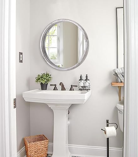 Miniatura 6 de Espejo de pared circular de 16 pulgadas, espejo de pared redondo para baño, espejo de granja blanco rústico para baño, espejo de marco de madera