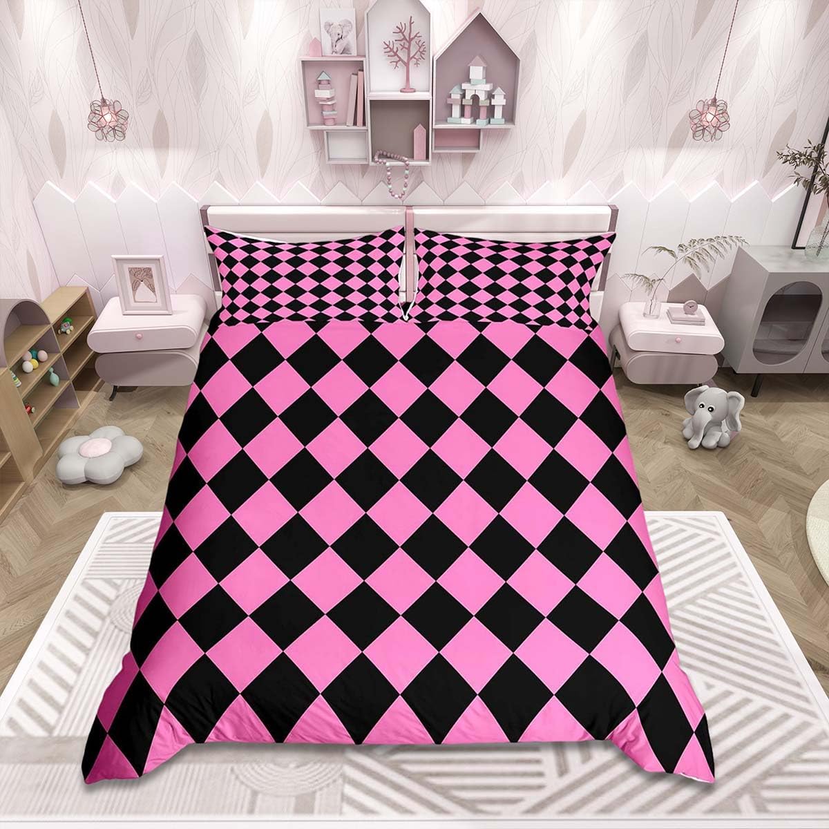 Housse de couette rose et noir losanges : fini le linge de lit simple terne