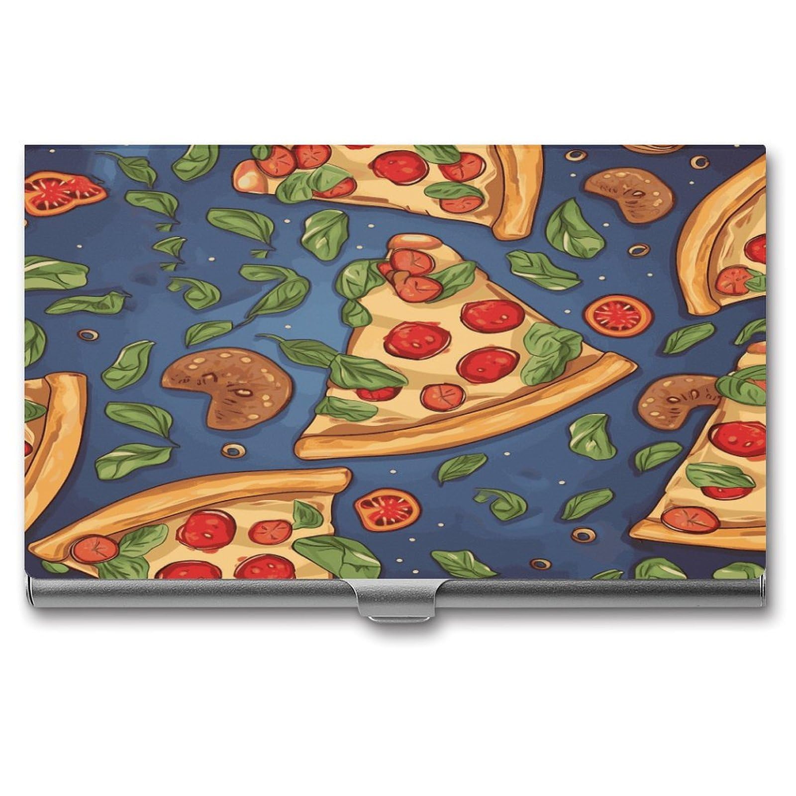 LDGSUPH Pizza Business Card Holder Fashion Slim Name Card Holder Minimalist Design Case Metal Card Carrier Personalized Business Card Case with Flip for Men Women