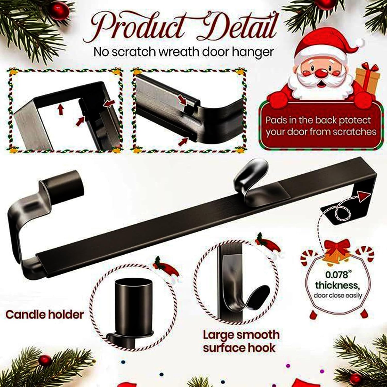 Wreath Hanger with LED Candlestick Holder, Black Metal Door Hanger for Christmas Garland, Adjustable Adhesive Hook for Front Door, 40cm 66cm Stainless Steel