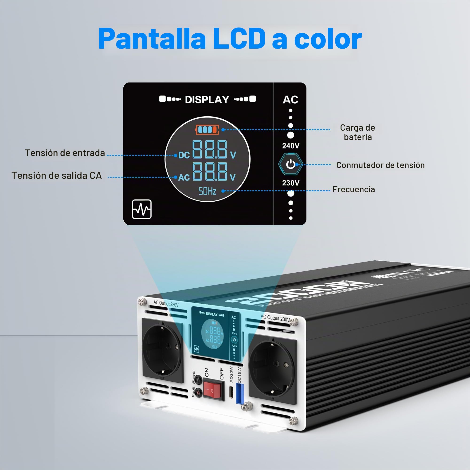Convertidor de Energía 2000W/4000W Inversor de Onda Sinusoidal Pura de 12V a 230V, Pantalla LCD para Autocaravana Camión Vehículos