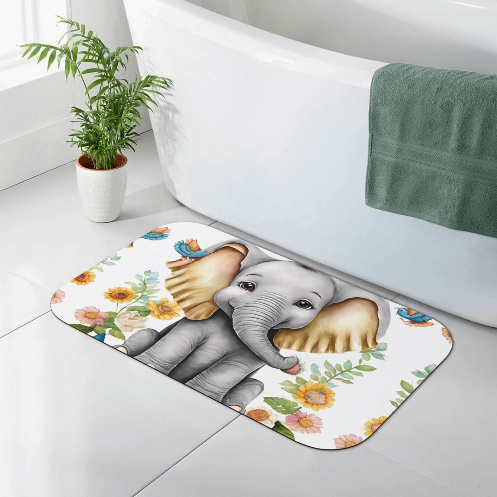 Tapis de bain absorbant en diatomite douce motif éléphant et hiboux pour douche