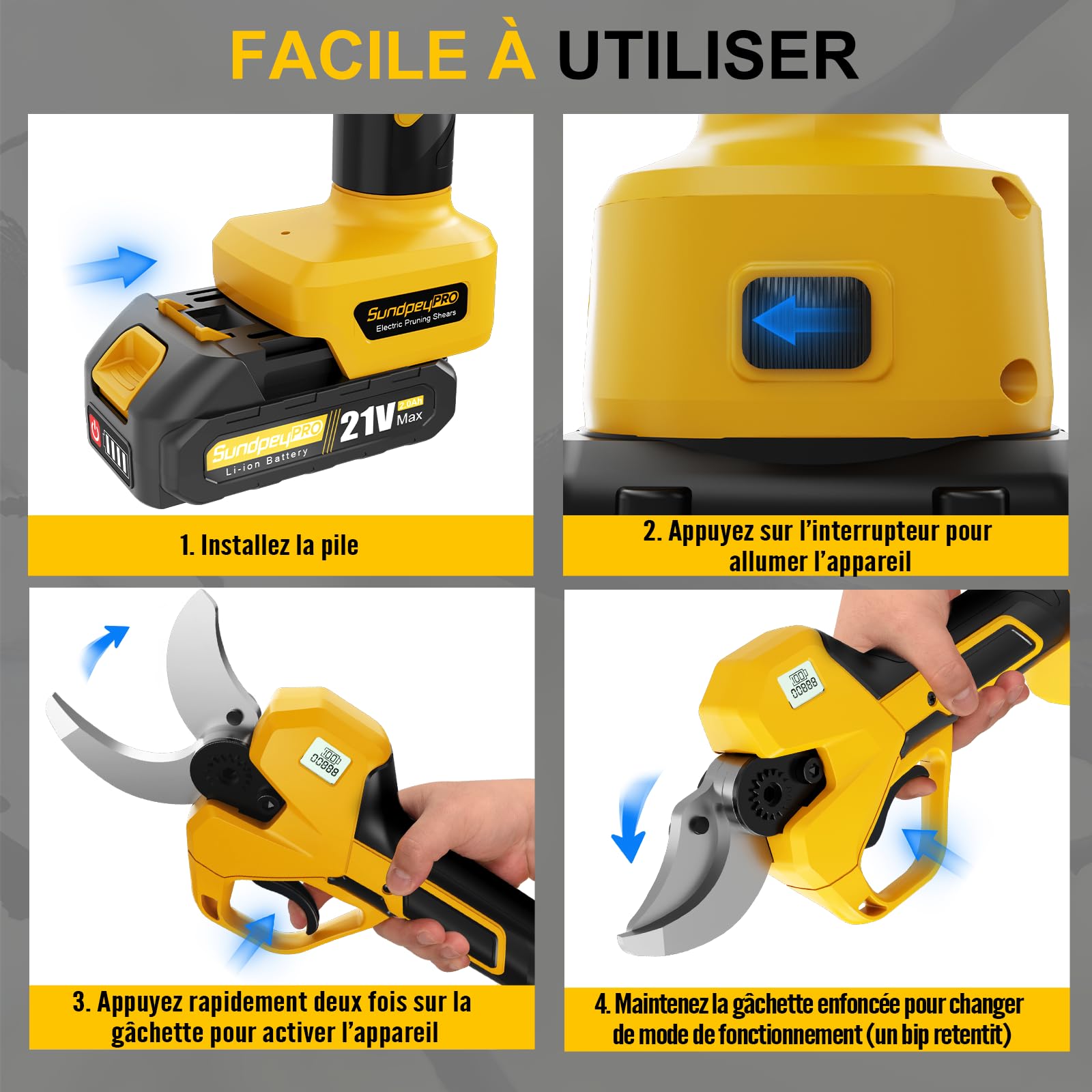 Sécateur Électrique Sans Fil, Max 50mm Sécateur de Jardin à batterie avec 2 x 2,0Ah Batteries, Moteur Sans Balais, éCran LCD et éTui, Secateur pour Verger Branches Arbres Arbustes Fruitiers