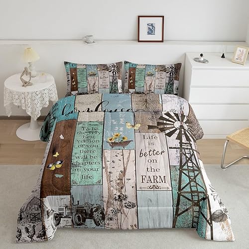 Juego de edredón de molino de viento de granja, juego de edredón rústico de cabaña, juego de ropa de cama vintage de madera con puerta de granero,
