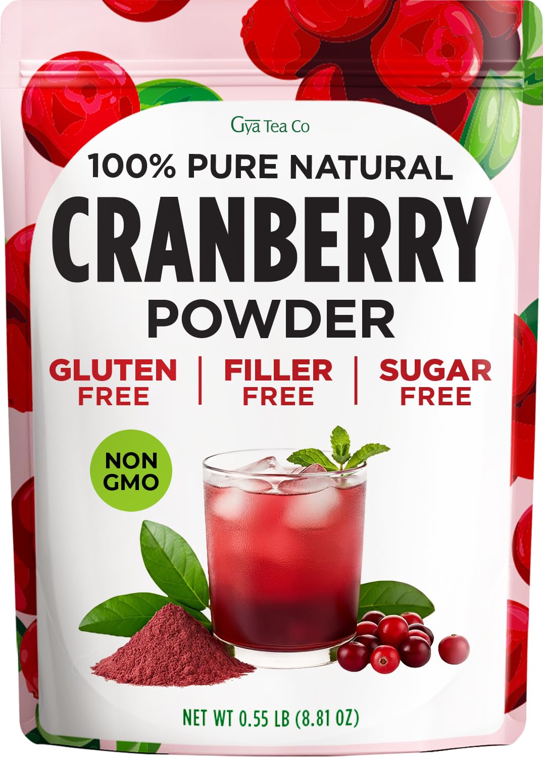 Gya Tea Co Cranberry Powder 0.55 lb (8.81 oz) - 100% Natural Dried Superfood for Baking, Smoothies, Flavor, Juices, Chocolate - Non-GMO, Gluten-Free, Keto, Vegan, Sugar-Free, Unsweetened