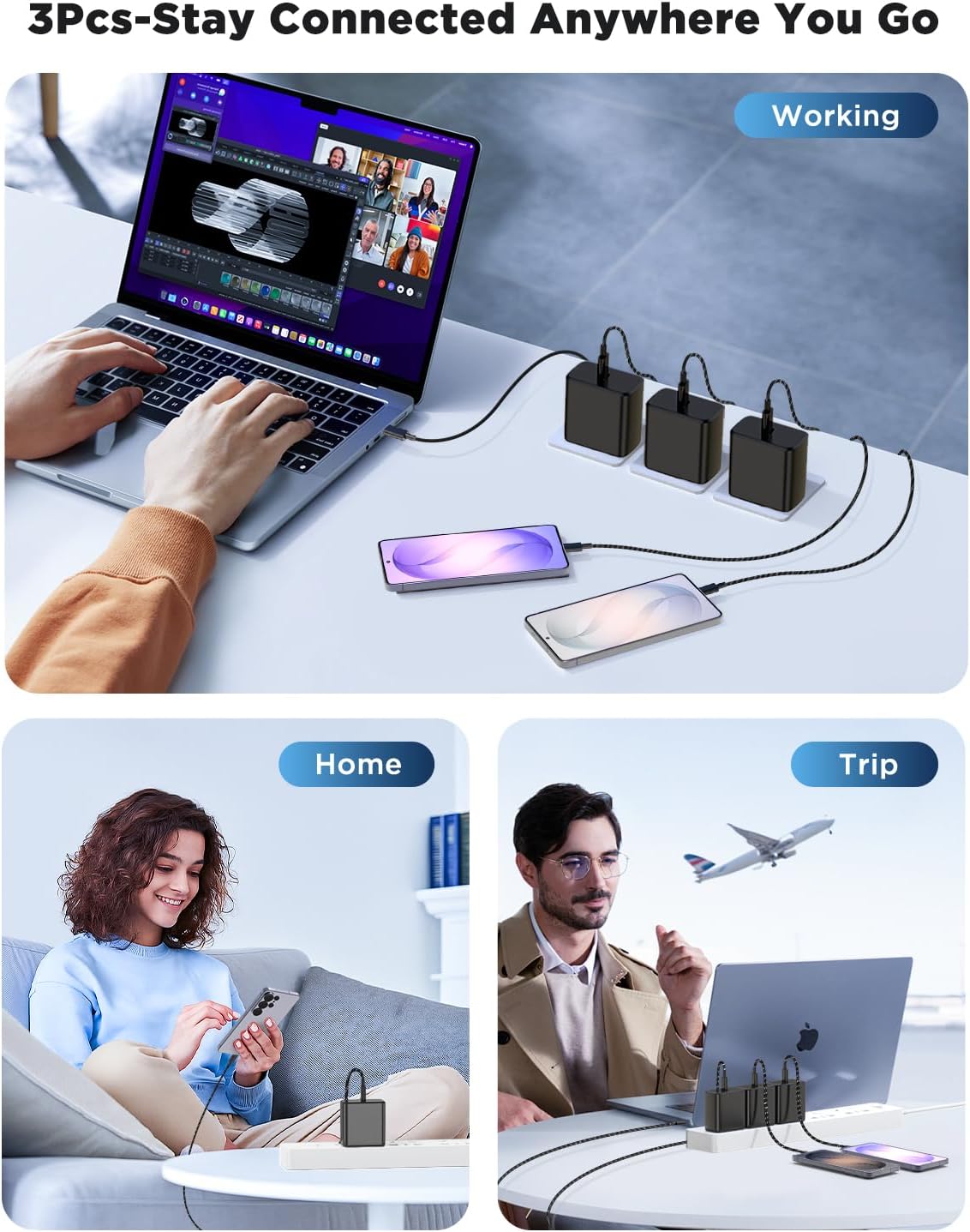 60W USB C Samsung Super Fast Charger for Samsung Galaxy S26 Ultra with 3-Pack Type C to USB C Braided Cables (3FT/6FT/10FT) Compatible with Samsung Galaxy S25 Ultra /S24/S23 Series,Z Fold/Flip&Tablets