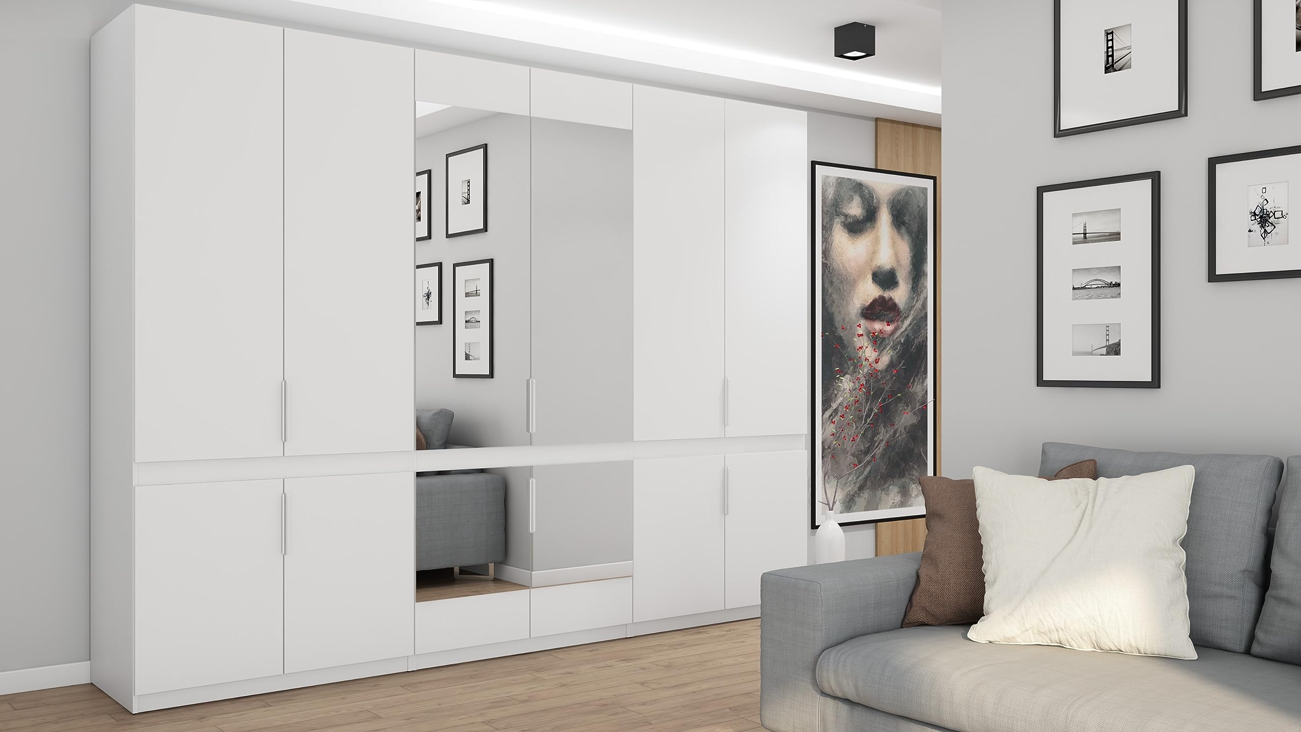 3-częściowa szafa modułowa - dwa lustra - szafa na ubrania - 310 x 240 x 59 - sypialnia - salon - szafa garderobiana - drążki na ubrania - przestronne szuflady, szafa - szlafrok -