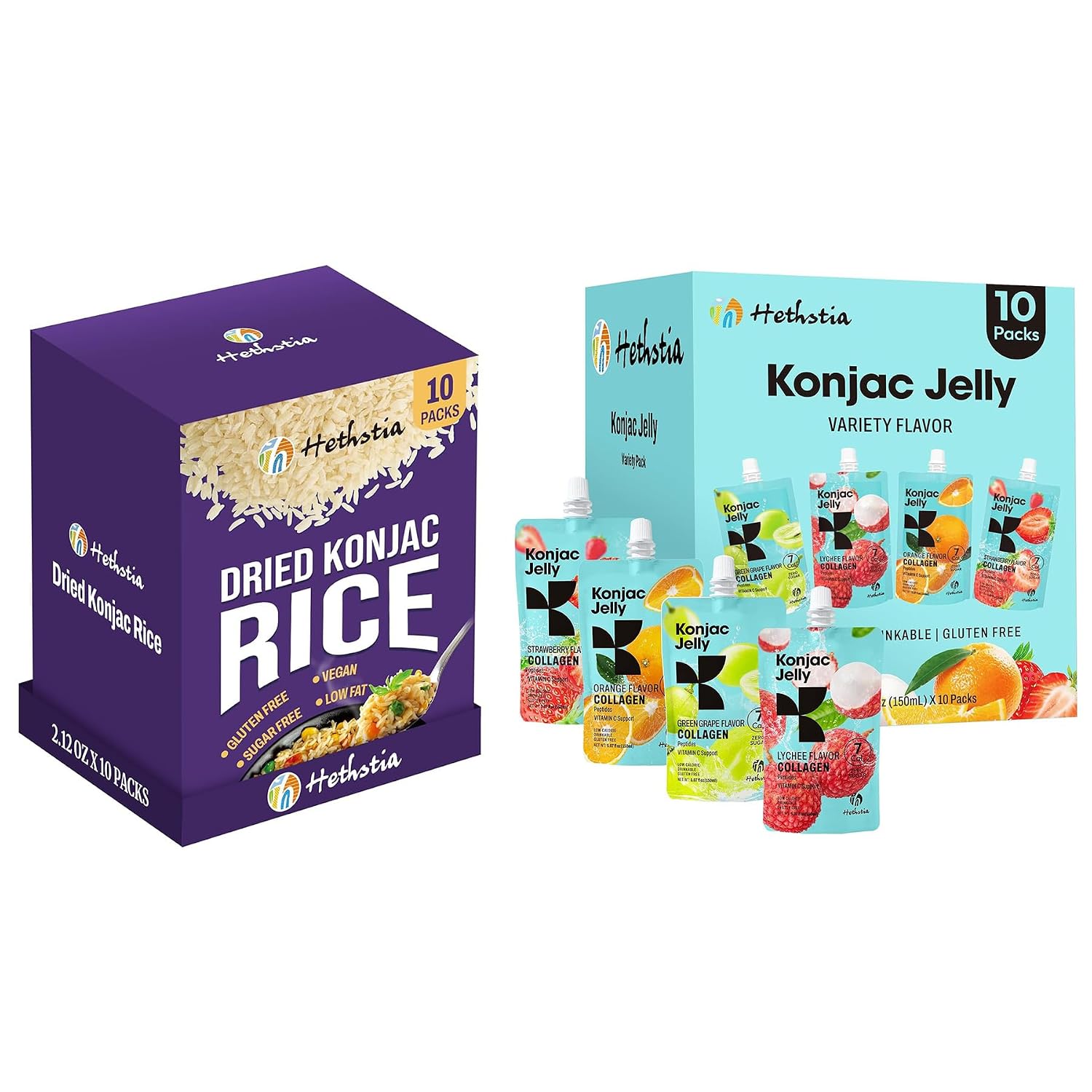 Hethstia Konjac Jelly Collagen Peptides Various Flavors - Lychee, Green Grape, Strawberry & Orange | Low Calorie, Sugar-Free, Keto, Gluten-Free, Vitamin C | 10-Pack Portable Healthy Snacks