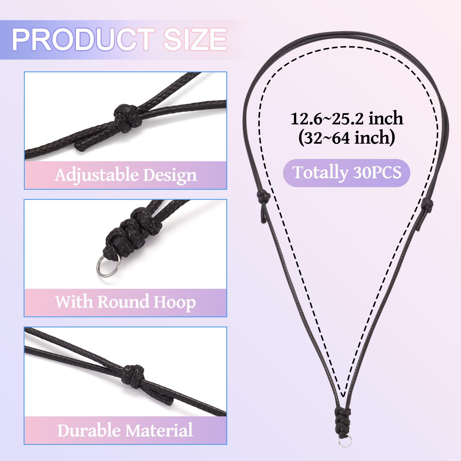 Beadthoven 30pcs Rope Necklace Cord Adjustable Double Knotted Necklaces String 1.5mm Rope Chain Choker with Metal Ring for Hanging Pendants Jewelry Making Black Cord Necklace for Men Women