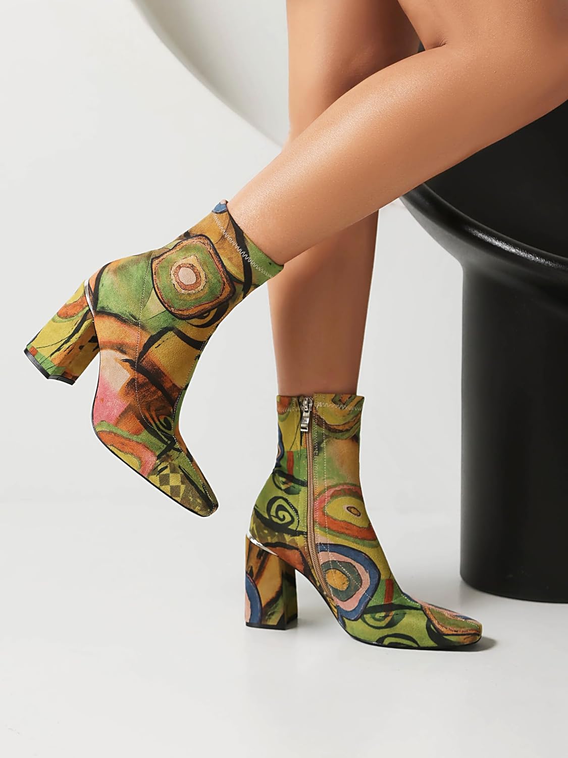 vivianly Womens Square Toe Ankle Booties Chunky Heel Boots Side Zipper Patent Leather Mid-Calf Boots - Image 4