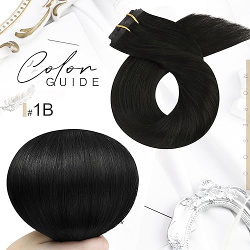 Miniatura 7 de Moresoo - Extensiones de cabello humano real con pinzas, sin costuras, color negro, trama de poliuretano, color negro 1B, 14 pulgadas, 7 unidades,