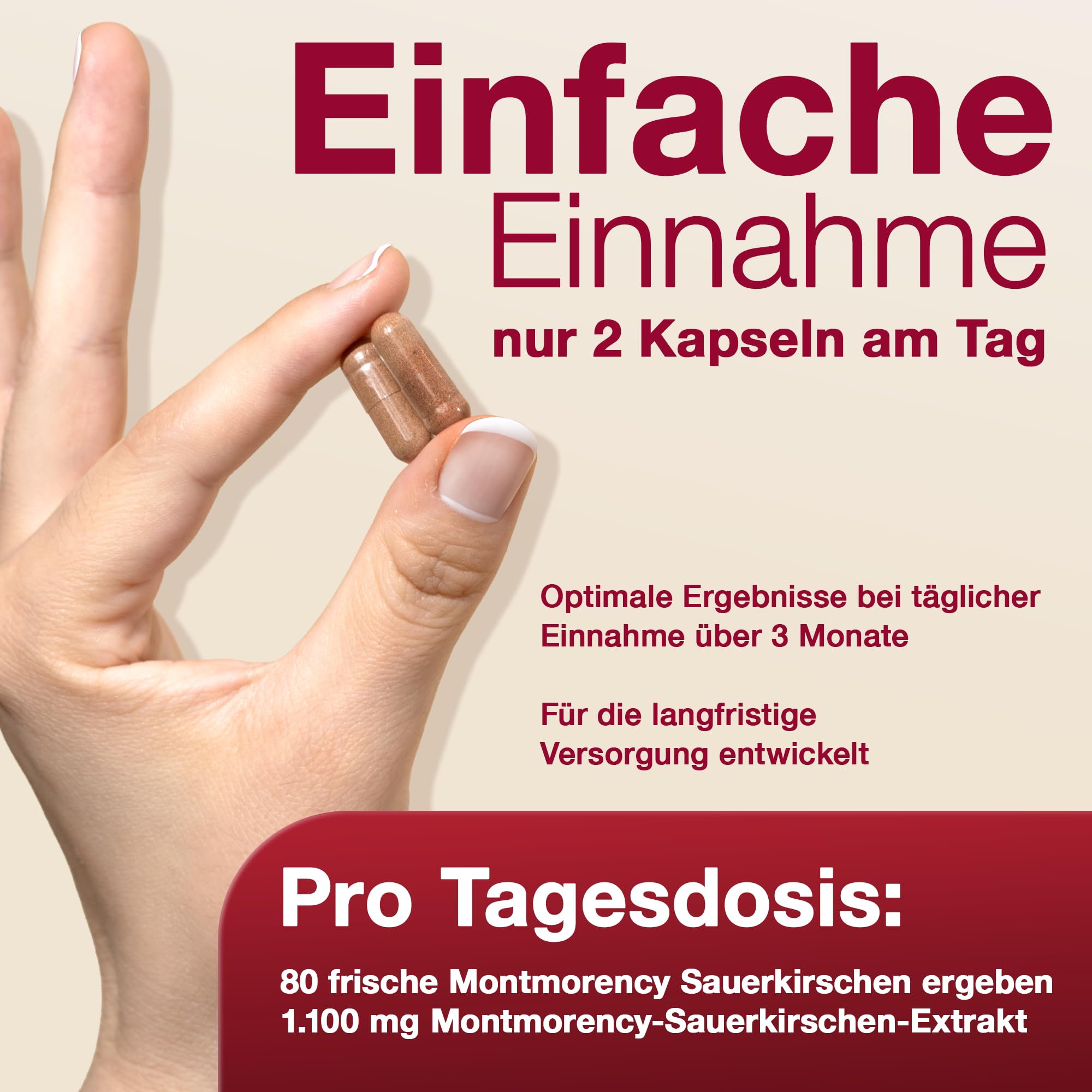 Original Montmorency Sauerkirschen Kapseln – 55.000 mg Sauerkirschen pro Tagesdosis (50:1 Sauerkirsch Extrakt) – 80 Kirschen/Tag – vegan, ohne Zusätze, deutsche Herstellung – Cherry PLUS