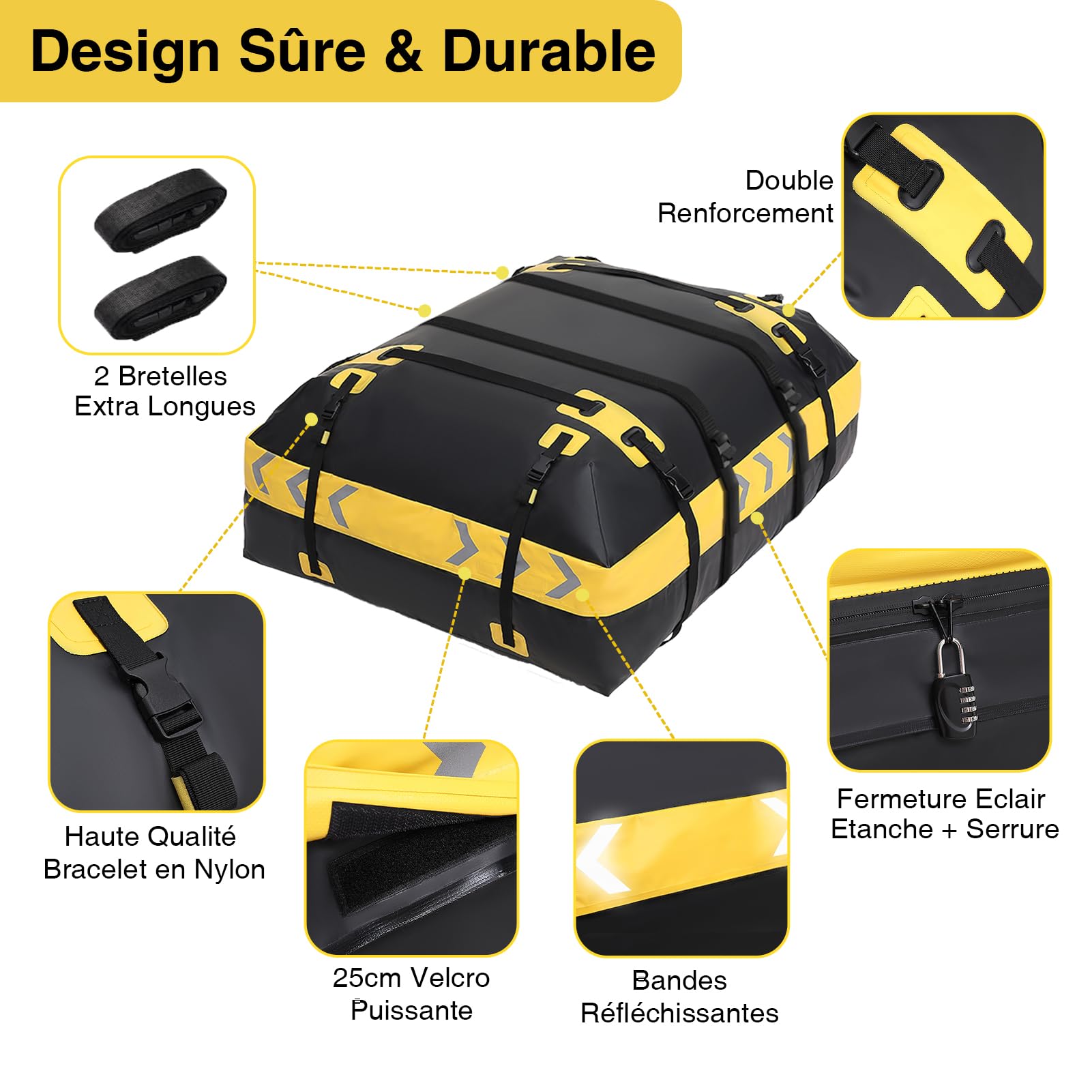 JOBYNA Coffre De Toit Souple, 15 Pieds Cubes / 425 L Sac de Toit étanche en 1000D PVC, Sac de Transport pour Tout Type de Voiture avec/sans Porte-Bagages, Compris Tapis Antidérapant, Cadena