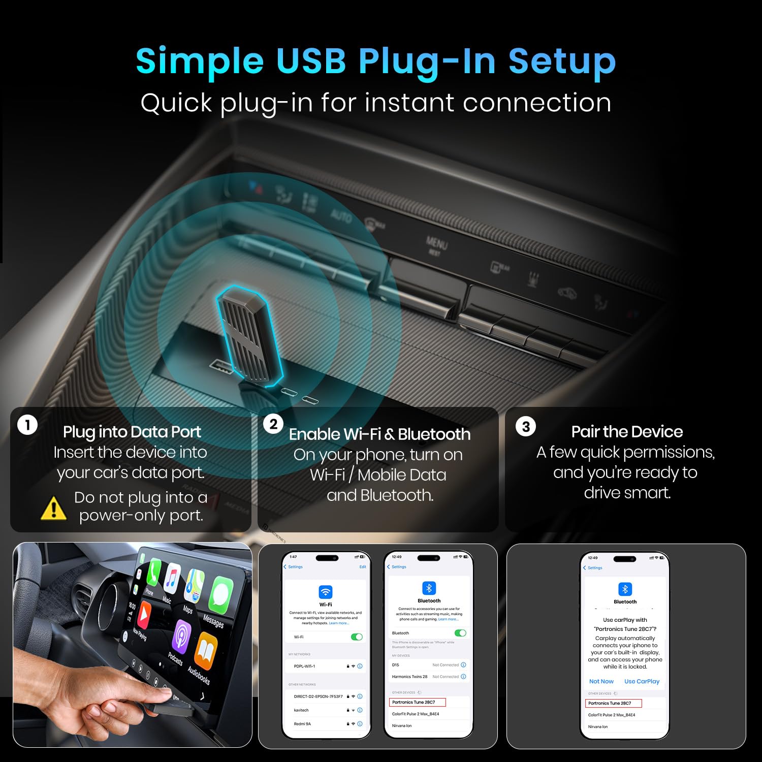 Portronics Tune, 2-in-1 Wireless Car Receiver, Converts Wired Auto Android & CarPlay to Wireless, Bluetooth Connectivity, Only for Cars with OEM Installed Wired Android Auto/CarPlay, 6 Months Warranty 2