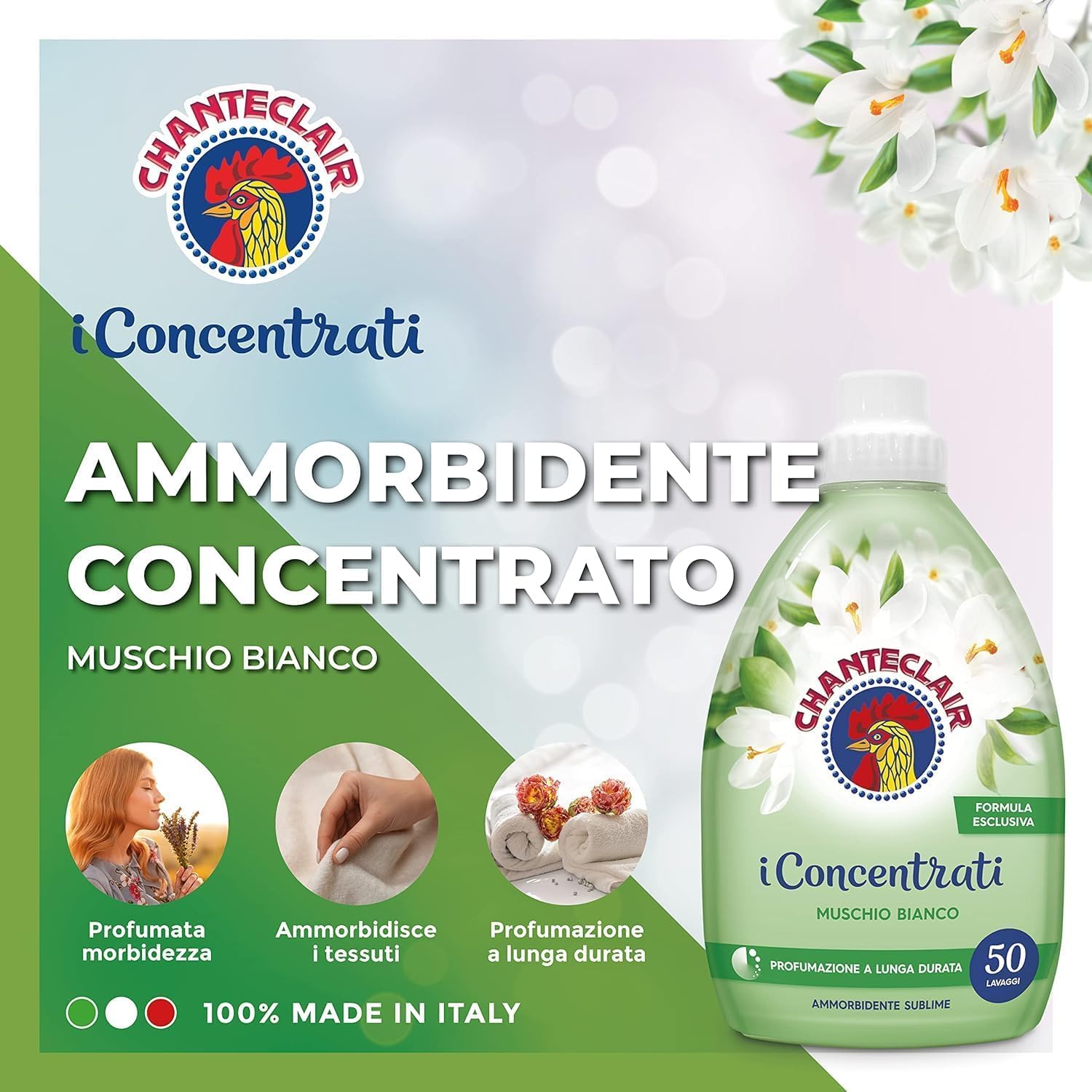 12 x Chanteclair I Concentrati – Ammorbidente concentrato profumo di muschio bianco per vestiti morbidi e profumati – 50 lavaggi 1lt + Beni Culinari Portachiavi gratuito