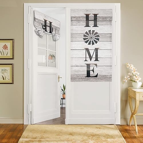 Door Curtains for Door Windows, Rustic Windmill Wood Door Window Curtains for French Glass Door, Privacy Thermal Insulated Tie Up Door Shades, Farmhouse Country Barn Small Window Curtains 26 x 42 inch