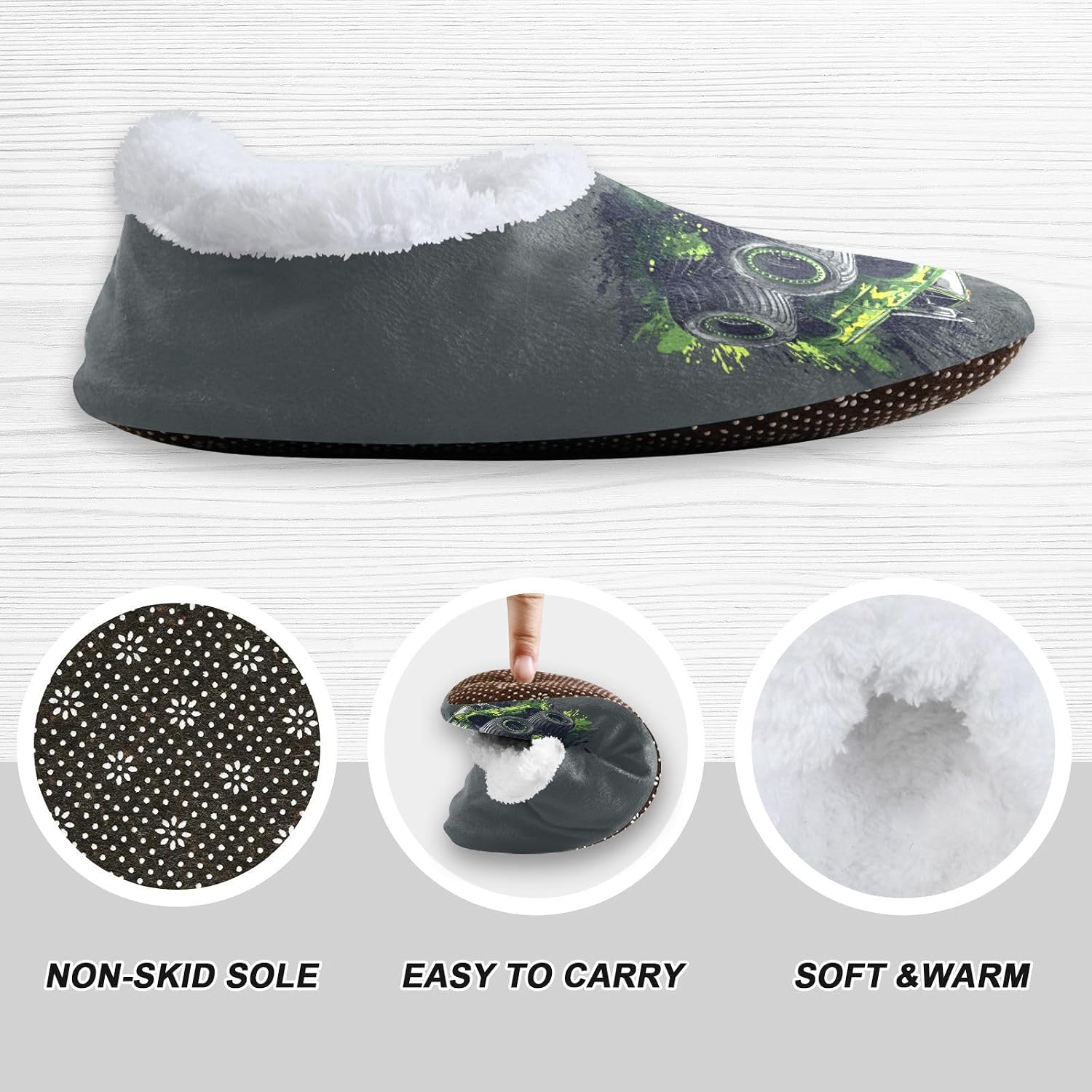 Green Black Monster Truck Boys Girls House Slippers Kids Toddler Home Shoes Winter Indoor Shoe XS