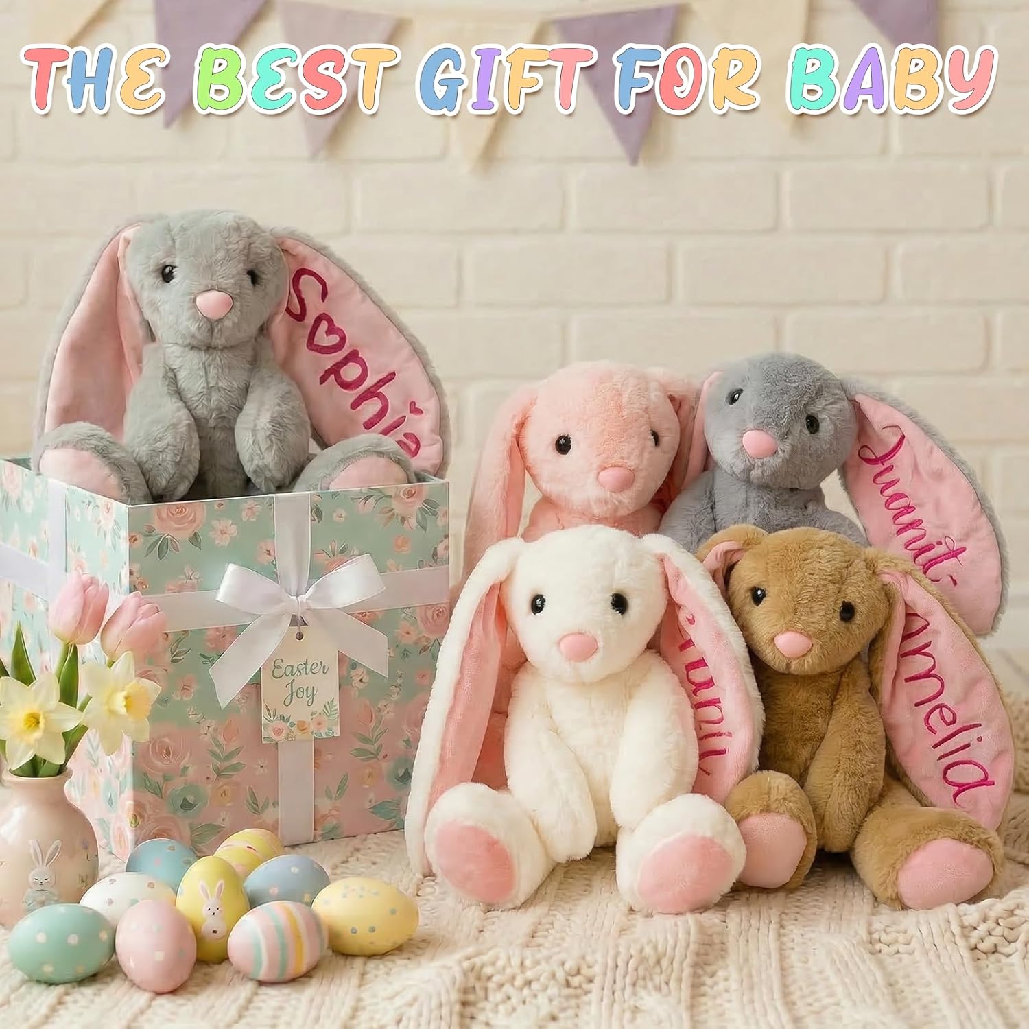 Personalized Bunny Stuffed Animals,Easter Basket Stuffers for Toddlers Kids,Baby Easter Gifts with Embroidered Name,Handmade Custom Bunny Plush,Child-Safe PP Cotton Material,Baby Toys for Boys Girls