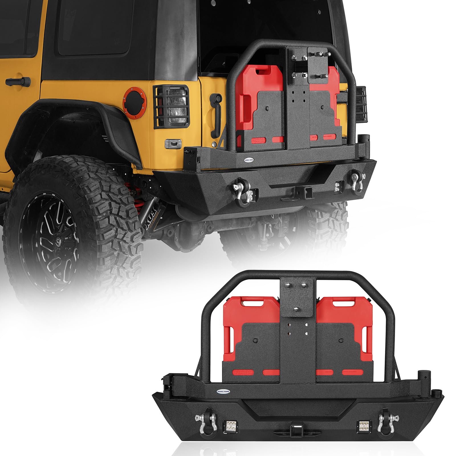 JK Steel Rear Bumper w/Spare Tire Carrier Fuel Containers D-Rings | for 2007-2018 Jeep Wrangler JK 2/4 Door, 2" Hitch Receiver, Trail Recovery, Overlanding