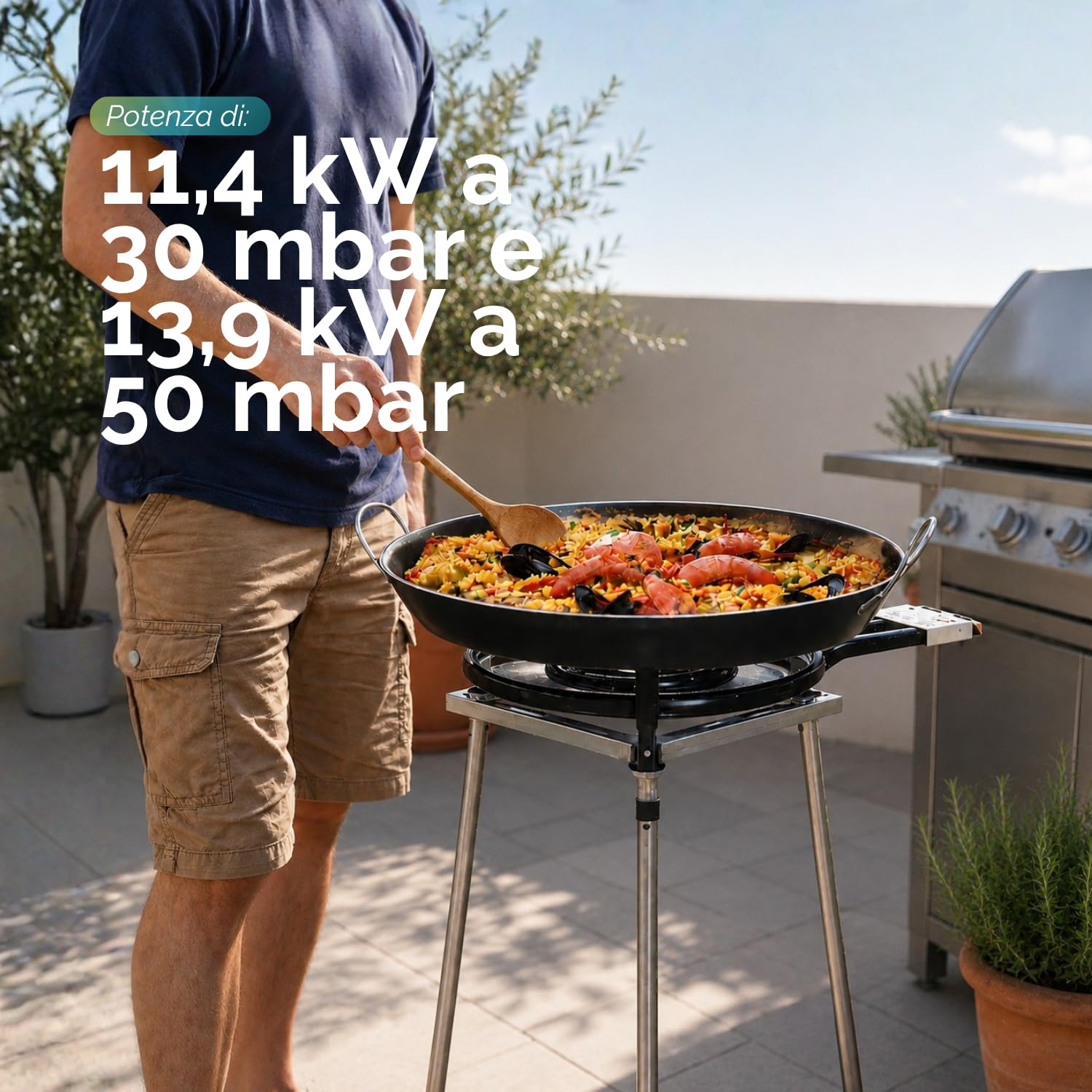 PALUPLUS Set Paellera Composto da: Cavalletto Treppiede Regolabile, Padella Paella da 46 cm, Bruciatore a Gas da 40 cm a 2 Fuochi e Regolatore di Pressione, per Cene ed Eventi