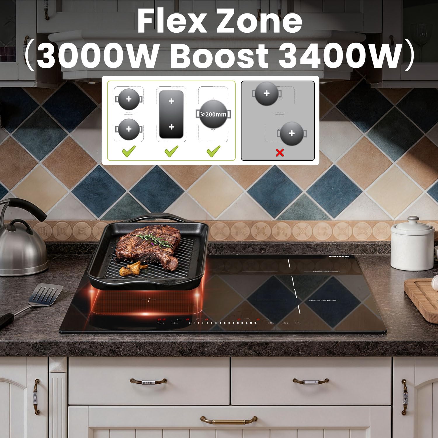 Karinear Induktionskochfeld 60 cm, 4 Platten 7200W, Flex Zone, Boost | Slider-Touch, Autark Induktionskochfeld 60 cm, Kochfeld Induktion mit FlexZone, Boost, Timer, Sicherheitsfunktionen, 240V