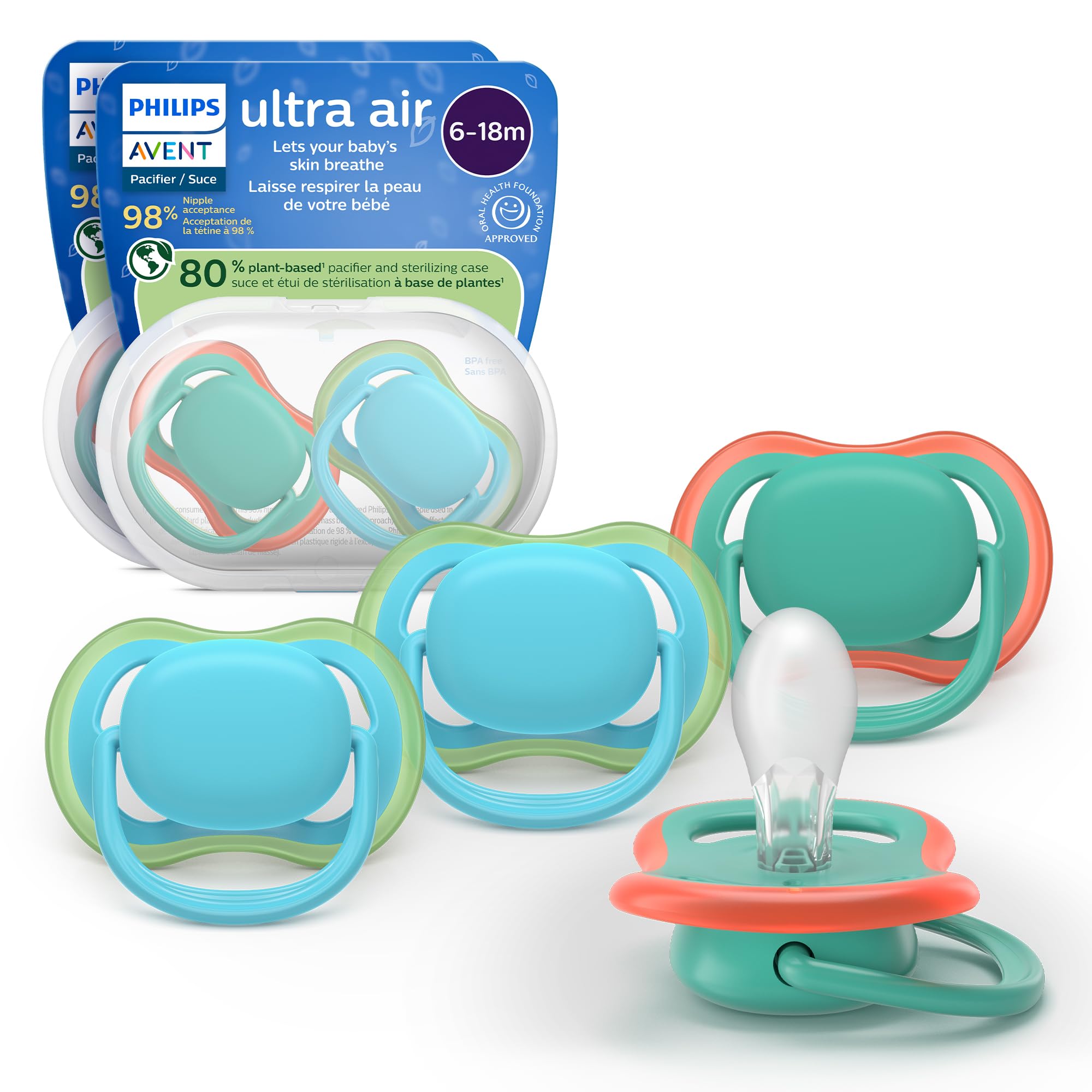 Philips Avent Ultra Air Pacifiers - Orthodontic Design, for Babies 6-18 Months, Soft Silicone Symmetrical Nipple, BPA-Free, 2 Sterilizing Cases, 4