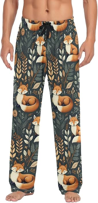 Mens Pajama Pants Foxes with Eyes Closed Lounge Pants with Pockets,Elastic Waist Sleep Bottoms-S