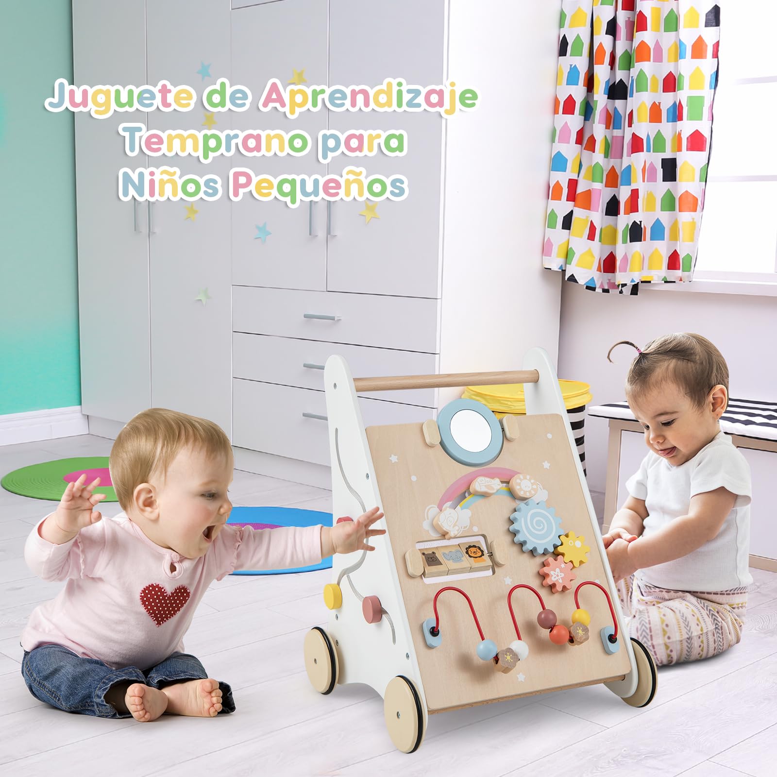 RELAX4LIFE 7 en 1 Andador Bebes de Madera, Parque Infantil Bebe con 7 Juguetes Interactivos y Espacio de Almacenaje, Correpasillos Bebe, Juguete Montessori para Bebés 12+ Meses, 34,5x32,5x45cm, Blanco