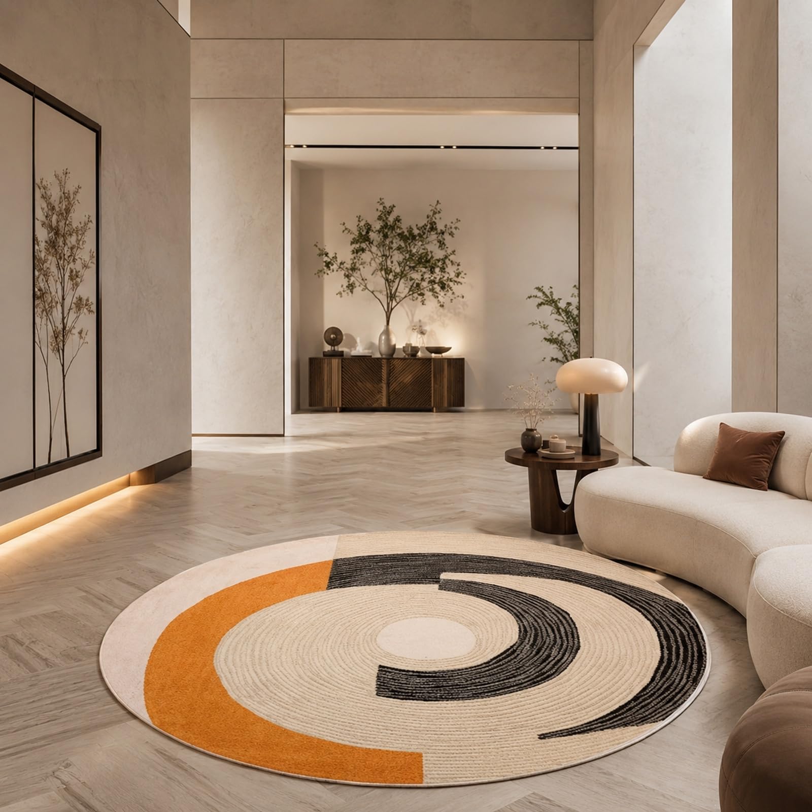 Tapis rond antidérapant beige et orange moderne 120cm