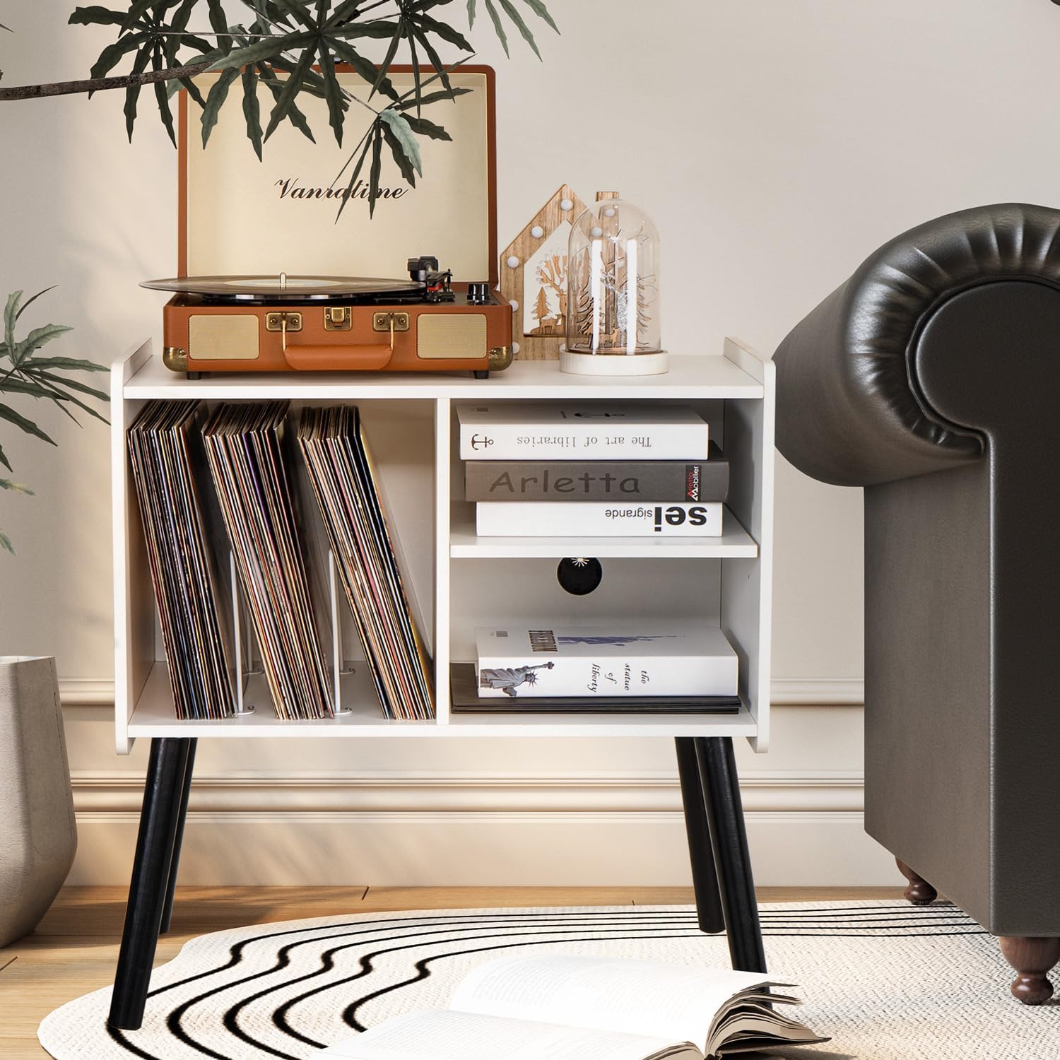 Record Player Stand, Mid-Century Record Player Table with Storage Hold Up to 150 Albums , Vinyl Record Cabinet with Adjustable Shelves , Wood Turntable Stand for Living Room Bedroom (White)