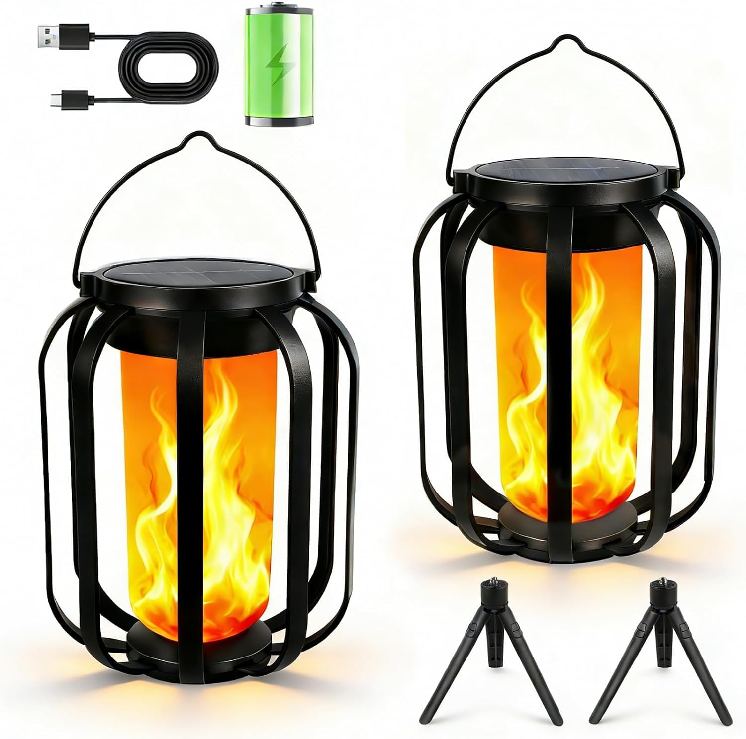 Jimhaby 2 Pack Solar Flame Lanterns Outdoor, Hanging Standing Dual Use, Solar USB Rechargeable, IP65 Waterproof, Garden Camping Festival Lights, Solar Patio Lanterns
