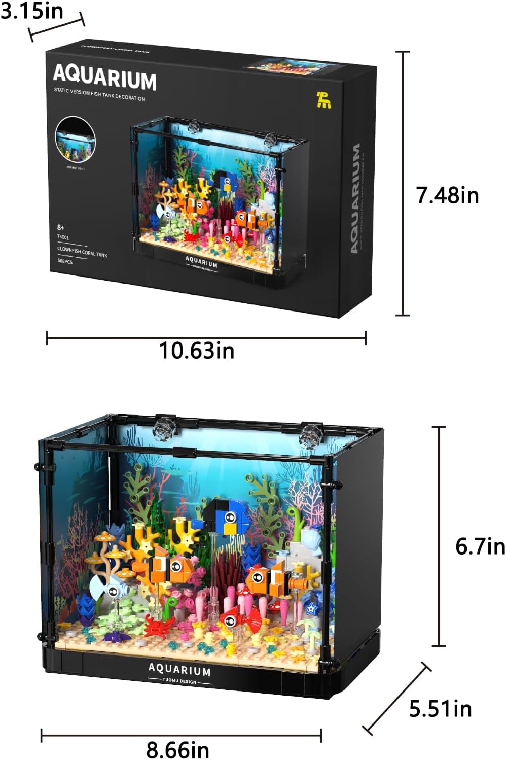 Fish Tank Building Block, Lighting Aquarium Building Sets for Adults and Kids Including Clownfish, Coral, Crab，Flowers, Animal Building Toys for Boys Age 8+, 570pcs