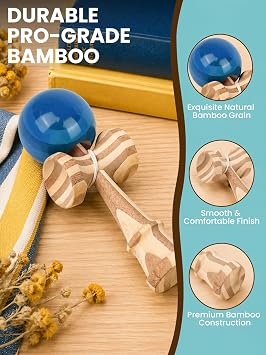 Bamboo Kendama, Traditional Japanese Skill Toy for Kids & Adults(Twin Blue)