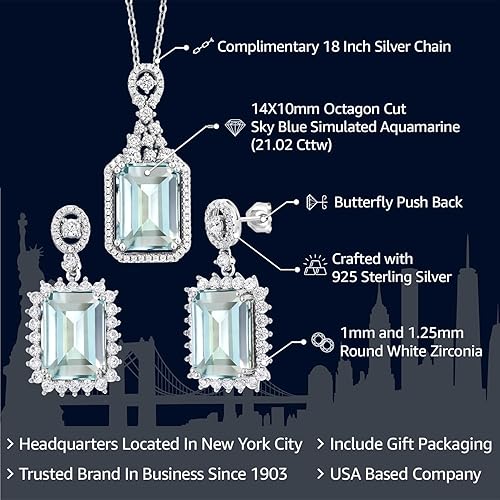 Miniatura 2 de Gem Stone King Juego de joyas de 21.02 quilates con dije y aretes de aguamarina simulada azul cielo para mujer en plata de ley 925 corte esmeralda