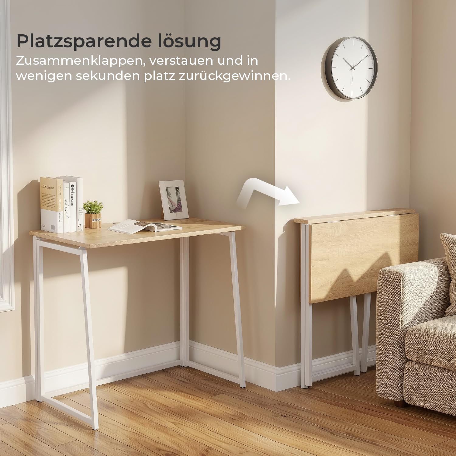 MEUBLE Cosy Computertische Faltbar Schreibtisch Kleiner Klappbar Laptoptisch PC-Tisch fürs Büro, Wohnzimmer, Homeoffice, Einfacher Aufbau, Eiche + Weiß