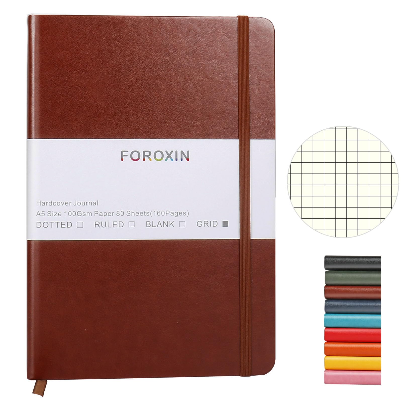 foroxin Grid Journal Bullet Notebook - Brown Leather Cover, 8.3 x 5.7Inch, 160 Pages, 100gsm Paper, Hardcover with Inner Pocket, Elastic Closure and