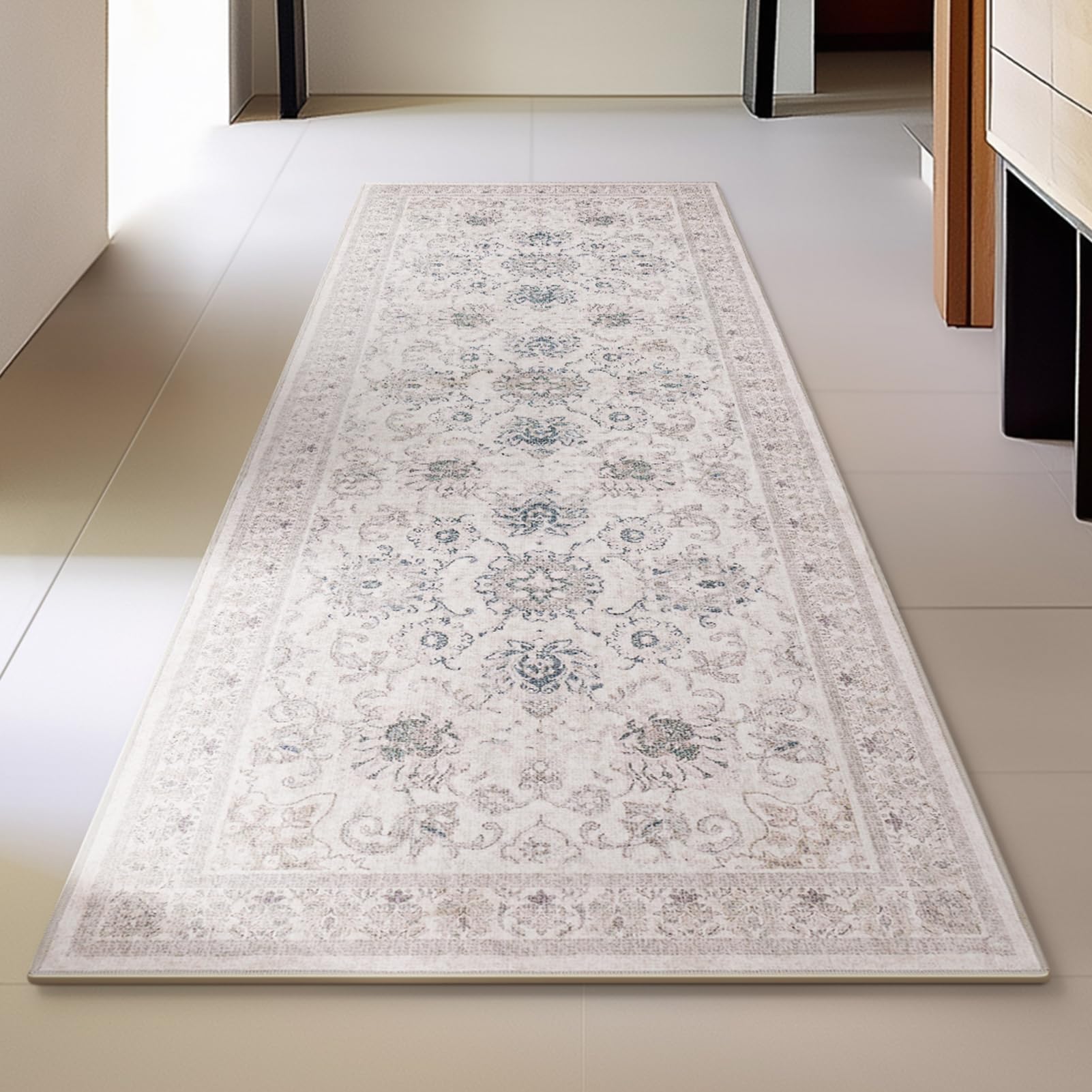 Phantoscope Washable Runner Rug 2'x6' Non-Slip, Vintage Neutral Hallway Rugs for Entryway, Stair, Bedroom, Distressed Boho Floral Medallion Pattern, Low-Pile Foldable Carpet, Cream Beige/Neutral