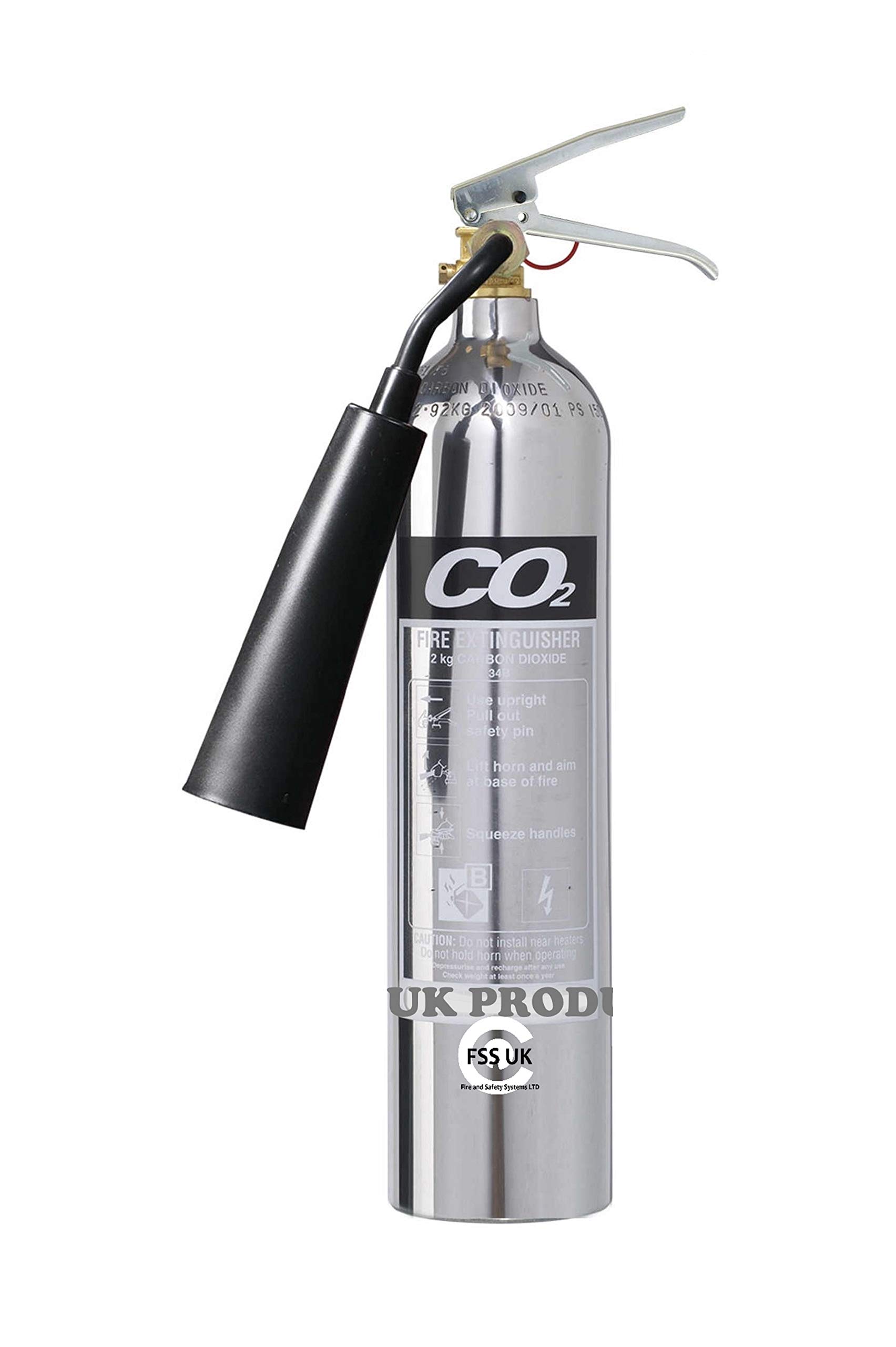 Premium FSS UK 2 KG CO2 FIRE EXTINGUISHERS. Chrome Polished. CE Marked. Ideal for Homes Kitchen Workplace Offices WORKSHOPS Warehouses GARAGES Hotels Restaurants