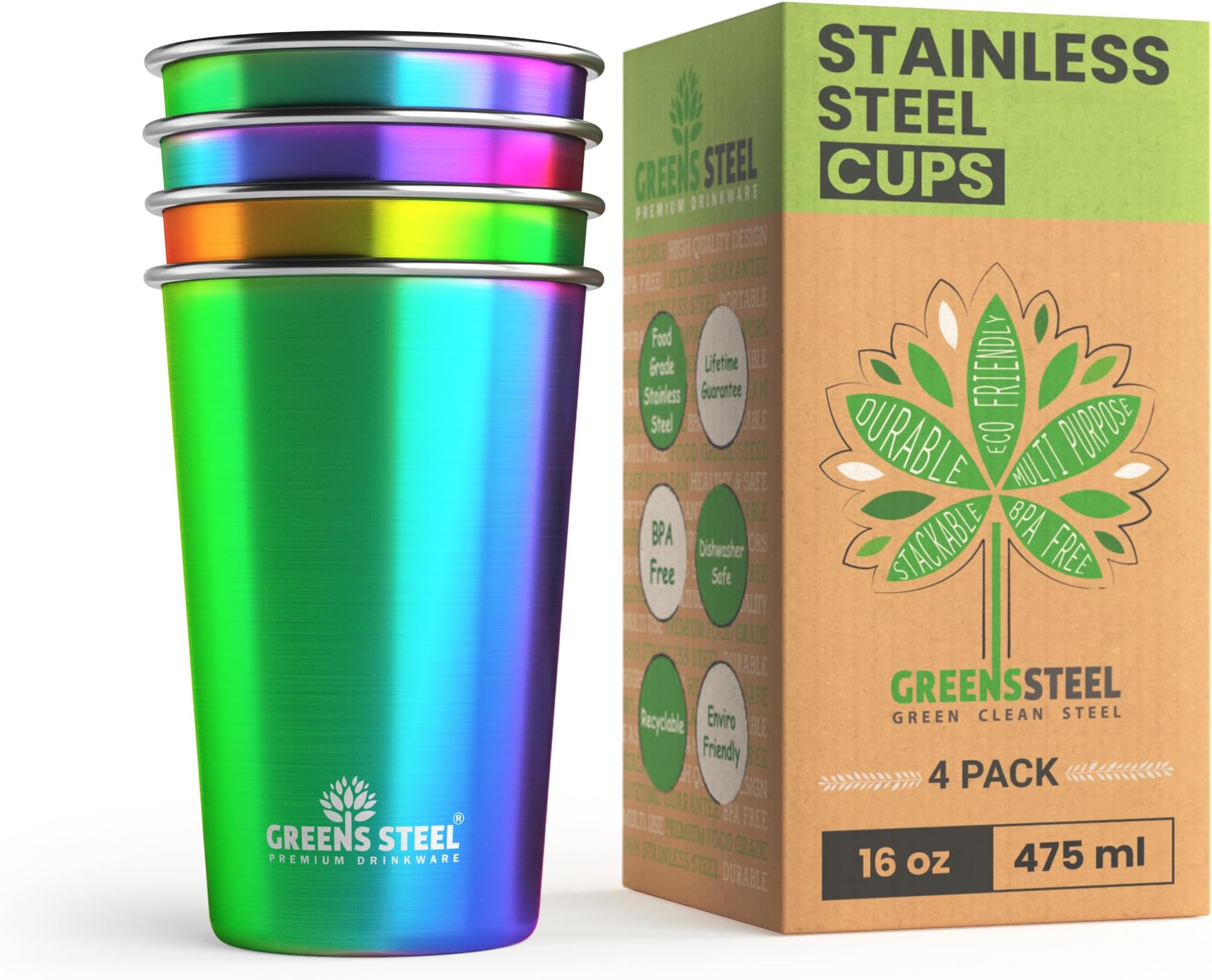 Stainless Steel Cups 16 oz Pint Tumbler (4 Pack) - Premium Metal Drinking Glasses | Stackable Durable Cup (16 oz Rainbow)