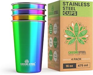 Stainless Steel Cups 16 oz Pint Tumbler (4 Pack) - Premium Metal Drinking Glasses | Stackable Durable Cup (16 oz Rainbow)