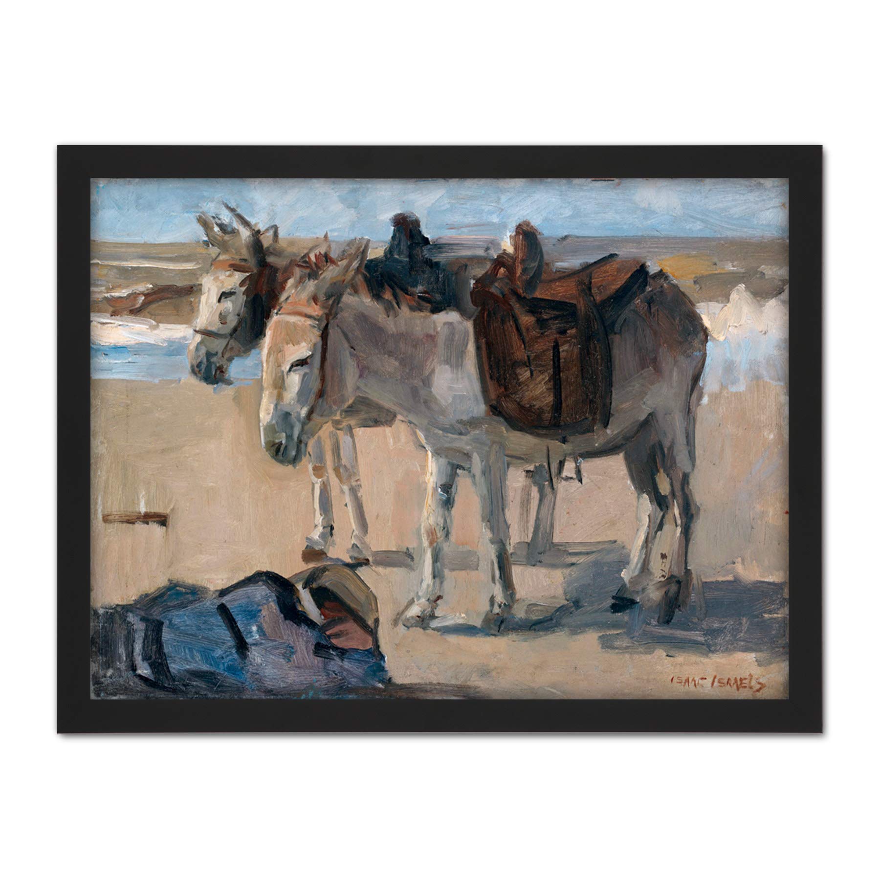 Artery8 Isaac Israels Two Donkeys On Beach Landscape Artwork Framed Wall Art Print 18X24 Inch
