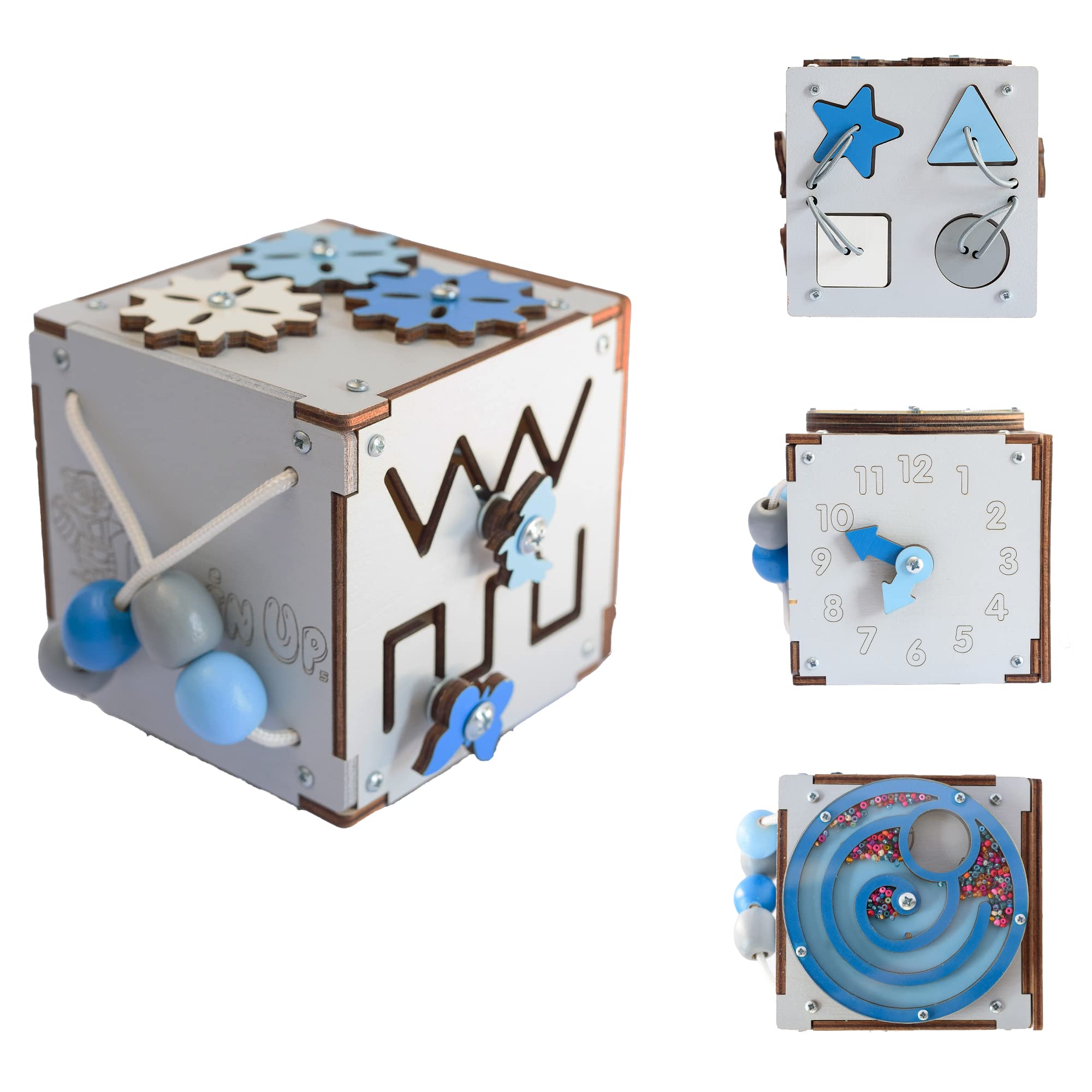 BrainUpToys Busy Activity Cube for Travel Toddlers Kids Children Baby - Busy Board – Wooden Sorter Toy - Montessori Toys Infant - Sensory Board - Learning Basic Life Skill - Time Telling Clock