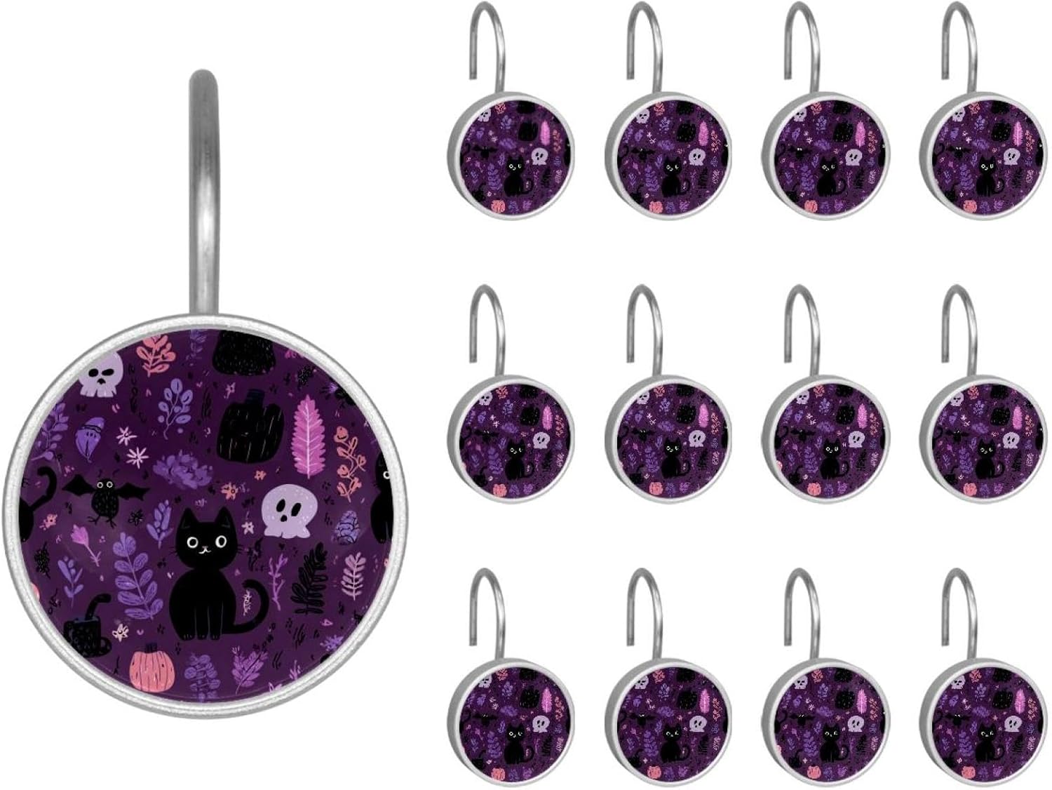 Cute Halloween (1) Round Crystal Glass Decorative Shower Curtain Hooks with 3D Pattern Visual, Rust Proof Shower Curtain Rings-12 Pack