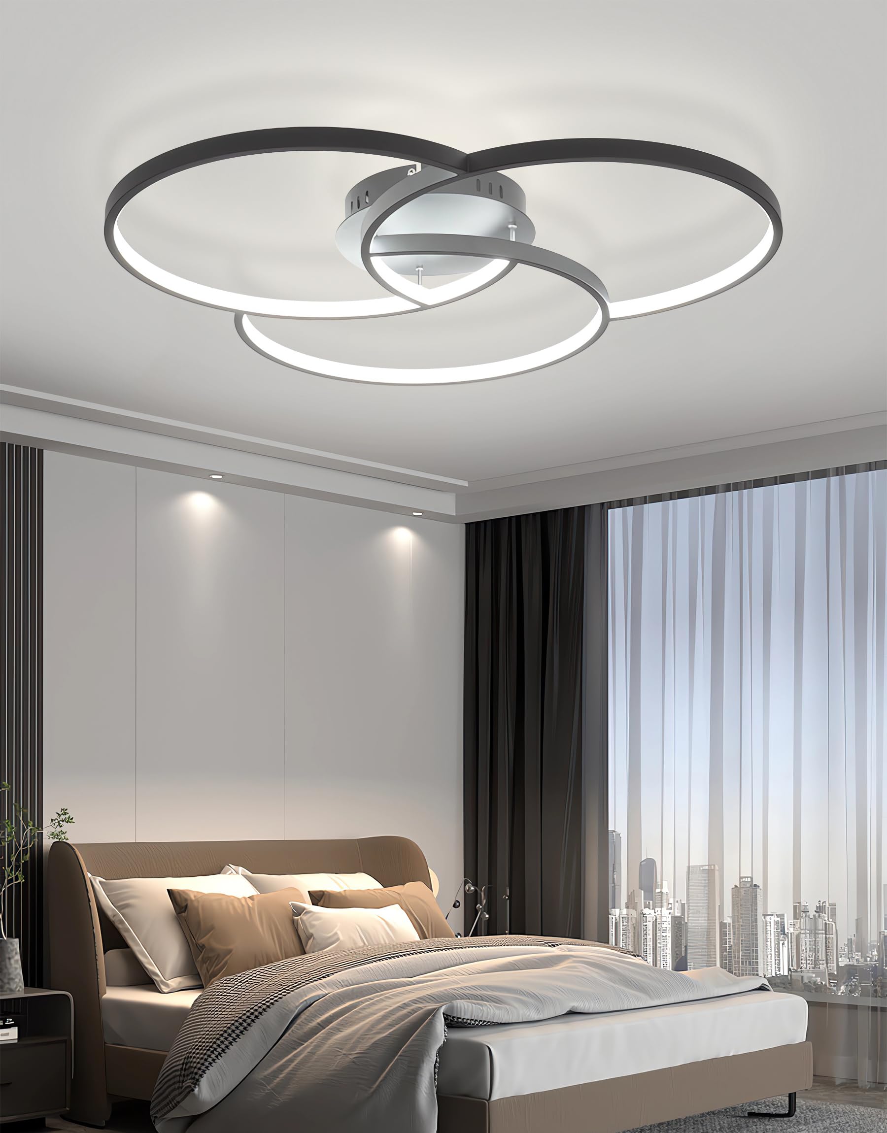 Lampa sufitowa LED Nowoczesne lampy sufitowe Czarne 3-pierścieniowe lampy do salonu Ściemnialne oświetlenie sufitowe do sypialni z pilotem do jadalni kuchni biura gabinetu (90cm)