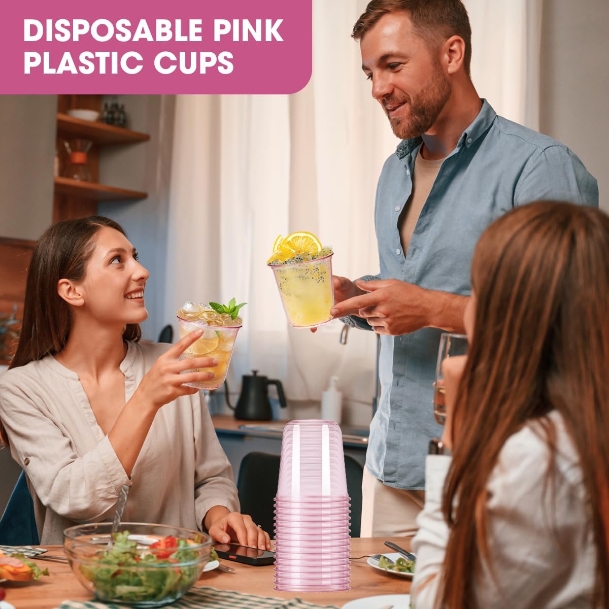 100Pcs Pink Plastic Cups,12 Oz Disposable Pink Drinking Cups Stemless Wine Glasses for Cocktail Party Cups for Wedding Birthday Party Supplies