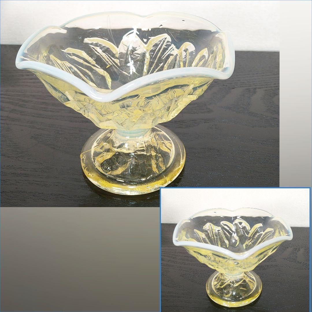 AE49 乳白色 プレスガラス かき氷カップ かき氷器 黄色 昭和ガラス 4個