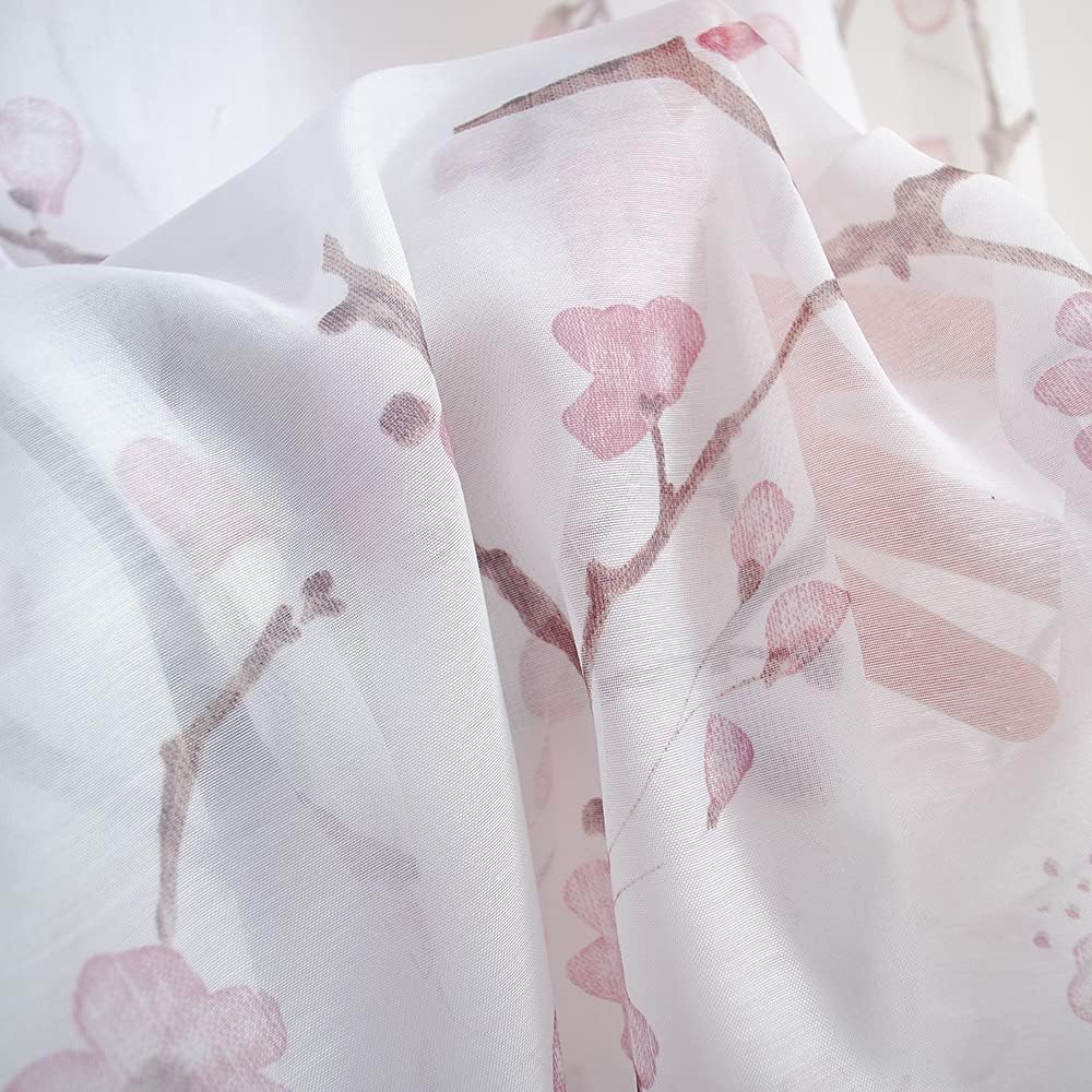 Linentalks Floral Sheer Curtains 84 Inches Long 2 Panels Set, Cherry Flower Semi Sheer Blush for Living Room, Rod Pocket for Girls Bedroom, Light Pink Drapes