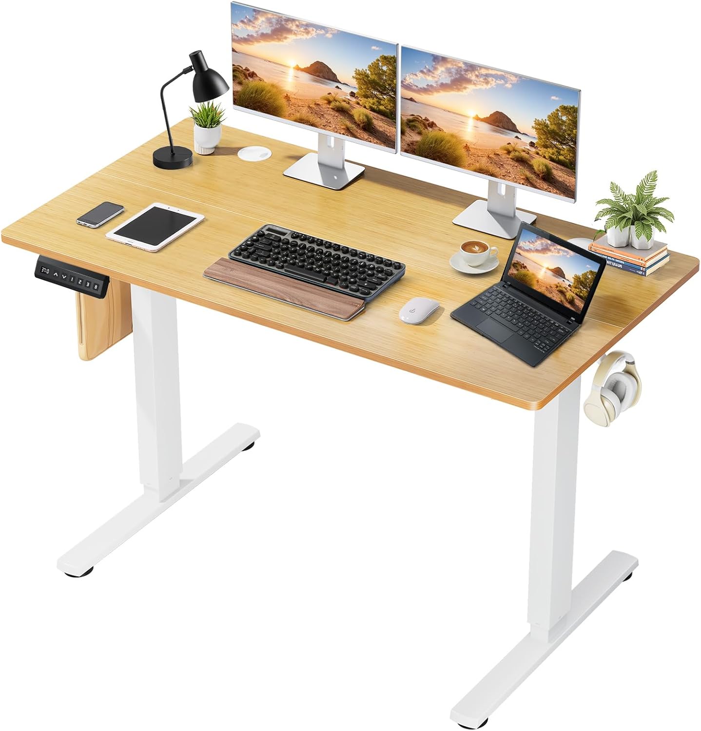 55 x 24 in Electric Standing Desk - Memory Height Adjustable Ergonomic Sit-to-Stand Rising Computer Table Gaming Workstations with 2 Hooks and Wire Hole for Home Office, Brown