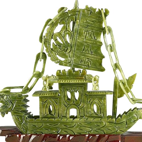 Miniatura 2 de Estatua de barco de vela de dragón Fengshui tallada en piedra de jade verde natural de China (8 pulgadas de alto x 10.8 pulgadas de largo x 2